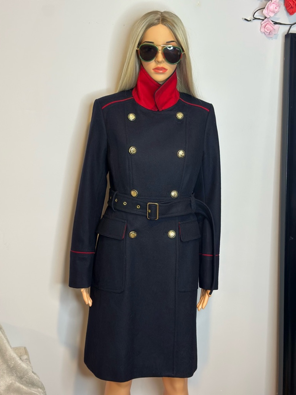 Vince Camuto Wool Navy Double-Breasted Trench Coat with Red Trim Sz S like new - Picture 2 of 12